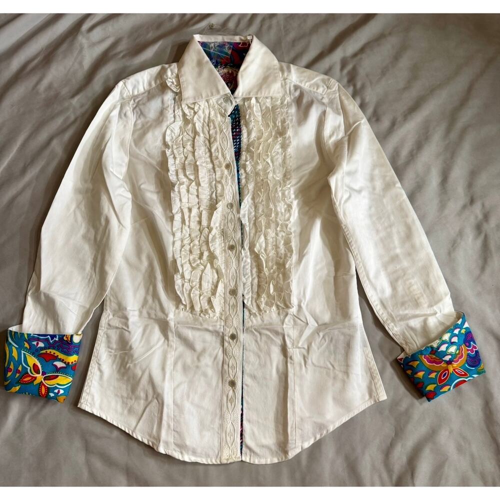 Robert Graham White Ruffle Shirt Women's XS Colorful Cuff Button Down - Picture 2 of 13